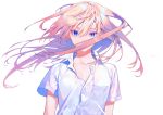  1girl blonde_hair blue_eyes breast_pocket collared_shirt covered_mouth hair_between_eyes hair_over_mouth original pocket popped_collar shiny shiny_hair shirt short_sleeves simple_background solo upper_body white_background white_shirt wing_collar yamakawa 