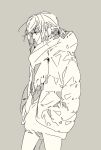  1girl beige_background closed_mouth hands_in_pockets jacket kai_(dweep) medium_hair monochrome original scarf simple_background solo standing winter_clothes 