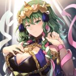  1girl braid breasts byleth_(fire_emblem) byleth_(fire_emblem)_(female) cleavage closed_mouth cosplay fire_emblem fire_emblem:_three_houses green_eyes green_hair hair_ornament highres large_breasts nakabayashi_zun ribbon_braid solo sothis_(fire_emblem) sothis_(fire_emblem)_(cosplay) tiara twin_braids upper_body 