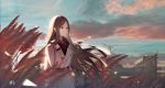  1girl absurdres belt blue_sky brown_hair closed_mouth cloud coat day doitsu_no_kagaku expressionless highres long_hair looking_away original outdoors red_eyes scenery sky solo very_long_hair white_coat 