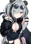  1girl absurdres animal_ears arknights black_hair black_jacket blue_dress blush breasts china_dress chinese_clothes cleavage cleavage_cutout covered_navel cowboy_shot dress eyebrows_visible_through_hair eyes_visible_through_hair eyewear_on_head feater_(arknights) grey_hair hand_in_hair highres hood hooded_jacket jacket large_breasts leaning_forward long_sleeves looking_at_viewer mechanical_arm multicolored_hair panda_ears parted_lips short_dress short_hair sleeveless sleeveless_dress solo sunglasses thigh_strap thighs two-tone_hair yellow_eyes zukan_(pxcp7447) 