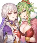  2girls breasts cape choker cleavage dress fire_emblem fire_emblem:_three_houses fire_emblem_awakening gloves green_eyes green_hair hair_ornament holding_hands kokouno_oyazi large_breasts long_hair long_sleeves looking_at_viewer lysithea_von_ordelia manakete multiple_girls open_mouth pink_cape pink_hair pointy_ears ponytail purple_dress red_dress simple_background small_breasts smile strapless strapless_dress tiara tiki_(fire_emblem) trait_connection veil white_background white_hair 
