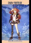  1boy antenna_hair belt black_legwear blue_background blue_eyes boots copyright_name full_body goggles goggles_on_head hand_on_hip hand_up highres kihato long_hair long_sleeves marron_piani pixiv_fantasia pixiv_fantasia_age_of_starlight red_hair shorts single_thighhigh solo standing thighhighs two_side_up 