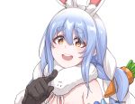  1girl :d animal_ear_fluff animal_ears bangs black_gloves blue_hair braid bunny-shaped_pupils bunny_ears carrot carrot_hair_ornament disco_brando extra_ears eyebrows_visible_through_hair food_themed_hair_ornament fur_trim gloves hair_between_eyes hair_ornament hololive long_hair looking_at_viewer multicolored_hair open_mouth pointing pointing_at_viewer short_eyebrows simple_background smile solo symbol-shaped_pupils thick_eyebrows twin_braids two-tone_hair upper_body upper_teeth usada_pekora virtual_youtuber white_background white_hair 