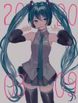  1girl 39 2020 armpits bare_shoulders black_legwear black_skirt blue_eyes blue_hair blue_neckwear blush breasts collared_shirt cowboy_shot dated detached_sleeves eyelashes grey_background grey_shirt hair_between_eyes hands_up happy hatsune_miku headset highres legs_apart long_hair looking_to_the_side necktie number p2_(uxjzz) parted_lips pleated_skirt shaded_face shiny shiny_clothes shiny_legwear shirt shoulder_tattoo simple_background skirt sleeveless sleeveless_shirt small_breasts smile solo standing tattoo teeth thighhighs twintails very_long_hair vocaloid zettai_ryouiki 