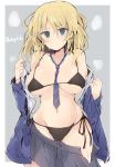  1girl :&lt; bangs bc_freedom_school_uniform bikini bikini_under_clothes black_bikini black_skirt blonde_hair blue_eyes blue_neckwear blue_sweater blush breasts cardigan closed_mouth commentary cowboy_shot diagonal_stripes eyebrows_visible_through_hair frown getsumen_suibaku_ver._a(c) girls_und_panzer grey_background highres large_breasts long_sleeves looking_at_viewer medium_hair messy_hair miniskirt navel necktie off_shoulder open_cardigan open_clothes open_skirt oshida_(girls_und_panzer) outside_border pleated_skirt red_neckwear school_uniform shirt side-tie_bikini skindentation skirt solo standing striped striped_neckwear sweat sweatdrop sweater swimsuit twintails undressing white_shirt 
