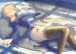  1girl absurdres black_legwear braid breasts cleavage closed_eyes garter_straps grey_wings highres large_breasts leotard light_brown_hair long_hair lying on_back pixiv_fantasia pixiv_fantasia_age_of_starlight shadow sleeping solo thighhighs tomatom47240459 wings 