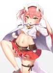  1girl azur_lane beret blush breasts dragon_girl dragon_horns dragon_tail eyebrows_visible_through_hair gloves green_eyes hat highres horns kyuu_(16901040) looking_at_viewer miniskirt navel open_mouth pink_hair pleated_skirt red_skirt ribbon ryuujou_(azur_lane) shirt short_ponytail skirt small_breasts solo tail 