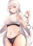  1girl azur_lane bangs bare_shoulders black_panties blush breasts cleavage closed_mouth commentary_request cowboy_shot crop_top crossed_bangs cuffs eyebrows_visible_through_hair groin hair_between_eyes hand_up handcuffs highres holding_handcuffs kisaki_oni large_breasts light_frown long_hair looking_at_viewer midriff mole mole_under_eye navel no_pants o-ring o-ring_bottom panties red_eyes revision scar silver_hair simple_background snap-fit_buckle solo sovetskaya_rossiya_(azur_lane) sovetskaya_rossiya_(the_lackadaisical_lookout)_(azur_lane) standing tank_top taut_clothes thighs underbust underwear very_long_hair white_background white_tank_top 