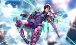  adapted_costume arm_cannon bodysuit breasts brown_eyes brown_hair d.va_(overwatch) facepaint framed_breasts highres impossible_bodysuit impossible_clothes jetpack large_breasts liang_xing long_hair mecha_musume overwatch power_armor tagme weapon 