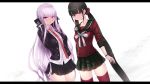  2girls bangs black_gloves black_hair black_jacket black_skirt blunt_bangs braid breasts cait closed_mouth collarbone collared_shirt commentary danganronpa danganronpa_1 flower gloves green_skirt hair_ornament hair_scrunchie hand_up harukawa_maki highres jacket kirigiri_kyouko letterboxed long_hair long_sleeves looking_at_viewer low_twintails medium_breasts miniskirt mole mole_under_eye multiple_girls necktie new_danganronpa_v3 open_clothes open_jacket orange_neckwear plaid plaid_skirt pleated_skirt purple_eyes purple_hair red_eyes red_legwear red_shirt ribbon school_uniform scrunchie serafuku serious shirt side_braid simple_background skirt straight_hair thighhighs twintails very_long_hair white_background white_flower white_ribbon white_shirt zettai_ryouiki 