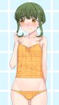  1girl bangs blunt_bangs blush braid breasts cleavage closed_mouth green_hair highres kantai_collection kumadano orange_eyes orange_panties orange_tank_top panties short_hair sidelocks small_breasts solo sweat takanami_(kantai_collection) tank_top underwear 