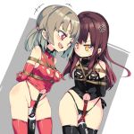  2girls :d anger_vein annoyed arms_behind_back bdsm blonde_hair bondage_outfit bright_pupils brown_hair collar commentary_request elbow_gloves gloves grey_background long_hair low_twintails multiple_girls noya_makoto open_mouth original red_eyes smile thighhighs twintails two-tone_background upper_teeth vibrator white_background white_pupils yellow_eyes 