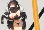  1girl absurdres bare_shoulders bikini black_bikini black_gloves black_hair black_jacket black_scarf breasts brown_eyes cleavage covered_mouth cowboy_shot earmuffs enpera fur_collar gloves highres jacket jacket_on_shoulders kouyafu large_breasts leaning_forward long_hair looking_at_viewer navel original scan scarf solo standing stomach swimsuit thigh_gap thighs zipper zipper_pull_tab 