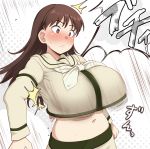  1girl alternate_breast_size blush breasts brown_eyes brown_hair commentary_request highres huge_breasts kantai_collection long_hair midriff navel ooi_(kantai_collection) popped_button remodel_(kantai_collection) ryuun_(stiil) school_uniform serafuku solo surprised upper_body wardrobe_malfunction 