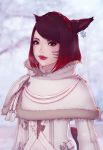  1girl animal_ears aqua_eyes blurry blurry_background capelet cat_ears cat_tail coat commission earrings english_commentary final_fantasy final_fantasy_xiv fur_trim jewelry lips looking_at_viewer miqo&#039;te mole mole_under_eye outdoors red_hair short_hair solo soranamae tail upper_body 