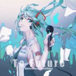  1girl artist_name bangs bare_shoulders berrykanry blurry blurry_foreground breasts chinese_commentary collared_shirt commentary depth_of_field floating_hair green_eyes green_hair green_neckwear hair_between_eyes hair_ornament hand_up hatsune_miku highres holding holding_microphone long_hair medium_breasts microphone necktie paper parted_lips power_symbol shirt sideboob solo twintails upper_body very_long_hair vocaloid white_shirt 
