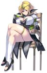  1girl blonde_hair blue_eyes breasts bridal_gauntlets chair circlet cleavage commentary_request covered_nipples crossed_legs elf forehead_jewel highres huge_breasts legs long_hair looking_at_viewer masao original pointy_ears ponytail pumps revision sitting smile solo thigh_strap thighs 