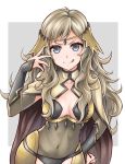  1girl blonde_hair bracer breasts cape cleavage cleavage_cutout fire_emblem fire_emblem_fates grey_eyes headdress long_hair looking_at_viewer navel ophelia_(fire_emblem) pantyhose tenchan_man tongue tongue_out 
