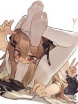  2girls alternate_costume bangs blush brown_eyes brown_hair cunnilingus cunnilingus_through_clothes feet girls_frontline hair_ornament hairclip leg_lock long_hair long_sleeves multiple_girls no_shoes oral pantyhose scar scar_across_eye simple_background tears tianliang_duohe_fangdongye ump45_(girls_frontline) ump9_(girls_frontline) v white_background white_legwear yuri 