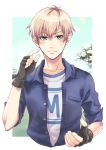  1boy black_gloves blonde_hair blue_eyes blush day fingerless_gloves frown gloves harvest_moon hisayo_pic looking_at_viewer male_focus outdoors solo sweatdrop upper_body 