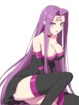  1girl bare_shoulders black_dress black_footwear boots breasts cleavage collarbone detached_sleeves dress elfenlied22 facial_mark fate/stay_night fate_(series) forehead forehead_mark hair_intakes highres large_breasts long_hair looking_at_viewer open_mouth purple_eyes purple_hair rider short_dress sidelocks simple_background solo strapless strapless_dress thigh_boots thighhighs thighs very_long_hair white_background 