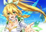  1girl artist_name bangs blonde_hair blush bow braid breasts choker cleavage commentary_request dated eyebrows_visible_through_hair fairy_wings green_eyes hair_between_eyes hair_bow highres leafa long_hair looking_at_viewer medium_breasts open_mouth outstretched_arm pointy_ears ponytail san-pon sidelocks solo sparkle sword_art_online twin_braids wings 