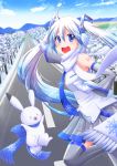  &gt;_&lt; 1girl 1other absurdres aira_(exp) bare_shoulders blue_hair blue_neckwear blue_scarf bunny cherry_blossoms commentary detached_sleeves earmuffs gradient_hair grey_legwear grey_skirt grey_sleeves hair_ornament hatsune_miku highres leg_up light_blush long_hair looking_at_viewer mountainous_horizon multicolored_hair necktie outdoors pine_tree pointing rabbit_yukine ribbon road scarf shirt shoulder_tattoo skirt sleeveless sleeveless_shirt snow snowflake_print street tattoo tree twintails very_long_hair vocaloid white_hair white_scarf white_shirt yuki_miku yuki_miku_(2011) 