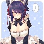  ... 1girl alternate_costume artist_name blush bow bowtie breasts checkered checkered_bow checkered_neckwear cleavage closed_mouth eyebrows_visible_through_hair eyepatch hair_over_one_eye hair_ribbon kantai_collection kotobuki_(momoko_factory) large_breasts long_sleeves looking_at_viewer maid maid_headdress messy_hair purple_hair red_ribbon ribbon short_hair solo speech_bubble spoken_ellipsis sweat tenryuu_(kantai_collection) twitter_username 