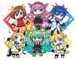  2boys 4girls aqua_hair bangs bare_shoulders black_dress blonde_hair blue_eyes blue_hair blue_scarf boots brown_eyes brown_hair chibi claws coat commentary dress elements gloves hair_leaf hair_ornament hairclip hands_up hatsune_miku horn long_hair mago multiple_boys multiple_girls outstretched_arms pink_hair scarf shirt short_ponytail shorts smile spiked_hair swept_bangs tail thighhighs twintails very_long_hair vocaloid white_coat white_shirt white_shorts 