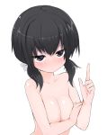  1girl annoyed arm_up black_hair breasts brown_eyes cleavage covering covering_breasts highres index_finger_raised low_twintails morino_donguri nude original short_hair simple_background solo twintails upper_body white_background 