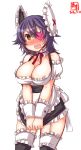  1girl absurdres alternate_costume apron artist_logo black_legwear breasts cleavage commentary_request dated enmaided eyepatch frilled_apron frilled_legwear frilled_shirt frills garter_straps headgear heart heart_eyepatch highres kanon_(kurogane_knights) kantai_collection large_breasts maid purple_hair shirt short_hair simple_background solo tenryuu_(kantai_collection) white_apron white_background wrist_cuffs yellow_eyes 