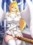  1girl animal_ears arch armor artoria_pendragon_(all) artoria_pendragon_(lancer) blurry blurry_background braid breasts bunny_ears carpet column fate/grand_order fate_(series) french_braid green_eyes holding holding_sword holding_weapon kainkout large_breasts long_hair pillar sitting smile solo sword thighhighs tile_floor tiles weapon 