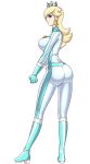  1girl ass ass_focus biker_clothes bikesuit blonde_hair blue_eyes boots breasts crown earrings highres irohazakayouth jewelry lingerie looking_at_viewer mario_(series) nintendo rosalina simple_background super_mario_bros. underwear white_background white_skin 