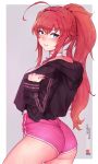  1girl absurdres ahoge ass back bluefield blush breasts grin hair_between_eyes high_school_dxd highres hood hooded_jacket jacket long_hair looking_at_viewer ponytail red_hair rias_gremory shorts sleeves_past_wrists smile solo sweat very_long_hair 