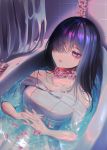  1girl bangs bathtub black_hair blood dress flower flower_necklace hair_over_one_eye hands_clasped highres jewelry lying necklace original own_hands_together petals petals_on_liquid pill purple_eyes sakidoro shower_curtain solo water white_dress 