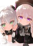  2girls absurdres all_fours arm_belt backlighting bandaged_arm bandages bangs bare_shoulders beret black_bow black_capelet black_gloves black_headwear blush bow braid breasts capelet closed_mouth doll_joints facial_scar fate/apocrypha fate/extra fate_(series) fingerless_gloves frills fur-trimmed_capelet fur_trim gloves green_eyes grey_hair hair_between_eyes hat highres jack_the_ripper_(fate/apocrypha) long_hair looking_at_viewer multiple_girls nishin_(nsn_0822) nursery_rhyme_(fate/extra) open_mouth purple_eyes scar scar_across_eye scar_on_cheek short_hair silver_hair simple_background single_glove small_breasts smile striped striped_bow twin_braids white_background 