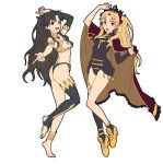  2girls :d :o arm_up armlet ass bangs bare_legs bare_shoulders barefoot bikini black_bikini_bottom black_bow black_hair black_legwear black_leotard black_sleeves blonde_hair blush bow breasts cape commentary_request detached_collar detached_sleeves earrings ereshkigal_(fate/grand_order) eyebrows_visible_through_hair fate/grand_order fate_(series) full_body hair_bow highres hoop_earrings ishtar_(fate)_(all) ishtar_(fate/grand_order) jewelry leotard long_hair mismatched_bikini multiple_girls open_mouth parted_bangs pointing pointing_at_viewer purple_bow purple_cape red_eyes simple_background single_detached_sleeve single_thighhigh sjw_kazuya skull small_breasts smile spine stirrup_legwear strapless strapless_bikini strapless_leotard swimsuit thighhighs tiara toeless_legwear two_side_up very_long_hair white_background white_bikini_top yellow_footwear 
