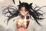  1girl absurdres armlet asymmetrical_sleeves bangs bare_shoulders black_bow black_hair bow breasts bridal_gauntlets cleavage closed_mouth detached_collar earrings fate/grand_order fate_(series) gold_trim hair_bow highres hoop_earrings huge_filesize ishtar_(fate)_(all) ishtar_(fate/grand_order) jewelry lens_flare long_hair looking_at_viewer medium_breasts neck_ring parted_bangs pointing solo tiara two_side_up virtu.al white_bikini_top yellow_eyes 