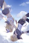  1boy 1girl bangs bare_shoulders bass_clef black_collar black_shorts blonde_hair blue_eyes blue_sky bow cloud collar commentary crop_top detached_sleeves falling grey_collar grey_shorts hair_bow hair_ornament hairclip headphones headset highres hmniao kagamine_len kagamine_rin leg_warmers looking_at_another nail_polish neckerchief necktie outstretched_arm sailor_collar school_uniform shirt short_hair short_ponytail short_shorts short_sleeves shorts sidelighting sky star_(sky) swept_bangs upside-down vocaloid white_bow white_shirt yellow_nails yellow_neckwear 
