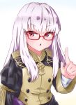  1girl absurdres bespectacled fire_emblem fire_emblem:_three_houses fire_emblem_heroes garreg_mach_monastery_uniform glasses highres lillian8710 long_hair long_sleeves lysithea_von_ordelia open_mouth pink_eyes red-framed_eyewear simple_background solo uniform upper_body white_hair 