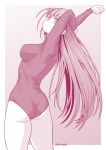  1girl arms_behind_head ass bokutachi_wa_benkyou_ga_dekinai border breasts kirisu_mafuyu kouda_tomohiro large_breasts leotard long_sleeves looking_at_viewer looking_back monochrome pink solo stretch twitter_username white_border 