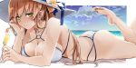  1girl absurdres beach bikini blush breasts brown_hair cheek_rest collarbone cup girls_frontline green_eyes hair_rings hat highres holding holding_cup kyoyakyo large_breasts long_hair looking_at_viewer lying m1903_springfield_(girls_frontline) o-ring o-ring_bikini o-ring_top on_stomach outdoors outside_border ponytail sidelocks smile solo sun_hat swimsuit white_bikini 