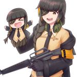  1girl absurdres armband assault_rifle bangs braid brown_hair character_doll eyepatch girls_frontline gloves gun hand_puppet headphones headphones_around_neck highres holding holding_gun holding_weapon jacket jacy long_hair m16a1 m16a1_(girls_frontline) mole mole_under_eye multicolored_hair necktie open_mouth puppet rifle scar smile solo streaked_hair weapon 