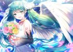  1girl adapted_costume angel_wings aqua_eyes aqua_hair aqua_nails bare_shoulders black_sleeves blue_sky blurry_foreground bouquet cloud commentary detached_sleeves dress falling_petals feathered_wings flower hair_ornament hatsune_miku holding holding_bouquet kashiwabara_en long_hair looking_at_viewer nail_polish neck_ribbon open_mouth outdoors petals pink_flower pink_rose ribbon rose shirt shoulder_tattoo sky sleeveless sleeveless_shirt smile solo tattoo twintails very_long_hair vocaloid white_dress wings yellow_flower 