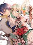  1boy 1girl 39 absurdres aqua_eyes aqua_hair bare_shoulders black_gloves blue_eyes blue_hair blurry blurry_background blurry_foreground coat commentary detached_sleeves dress_flower dutch_angle english_commentary falling_petals fan flower folding_fan gloves hair_ornament hairclip hatsune_miku highres holding holding_fan jabot japanese_clothes kaito kimono libertyp39 long_hair looking_at_viewer obi open_mouth petals red_flower sash sidelighting smile twintails upper_body vocaloid white_background white_coat white_gloves 