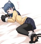  1girl aikawa_ryou animal_ear_fluff animal_ears bangs bed_sheet black_footwear black_gloves black_legwear black_sailor_collar blue_hair blue_skirt blush brown_sweater cat_ears cat_girl cat_tail commentary_request eyebrows_visible_through_hair full_body fur-trimmed_gloves fur_trim gloves highres kemonomimi_mode long_hair long_sleeves looking_at_viewer looking_to_the_side lying on_side open_mouth pantyhose paw_gloves paw_shoes paws pillow pleated_skirt purple_eyes sailor_collar school_uniform serafuku shima_rin shoe_soles shoes skirt solo sweater tail translation_request white_background yurucamp 