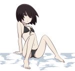  1girl arm_support bare_shoulders barefoot bikini black_bikini black_hair bob_cut breasts commentary empty_eyes front-tie_bikini front-tie_top hair_over_eyes highres kaze_(wil404) knees_up midriff monogatari_(series) navel no_gloves oshino_ougi parted_lips short_hair simple_background sitting_on_floor small_breasts solo string_bikini swimsuit white_background 