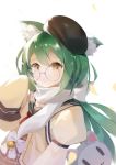  1girl absurdres akashi_(azur_lane) akashi_(welcome_to_azurcon!)_(azur_lane) animal_ears artist_request azur_lane bell black_sailor_collar brown_jacket cat_ears dress green_hair grey_dress highres jacket jingle_bell long_hair looking_at_viewer round_eyewear sailor_collar scarf sleeves_past_fingers sleeves_past_wrists solo tilted_headwear white_scarf yellow_eyes 