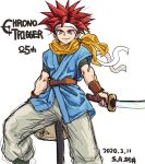  1boy anniversary blue_eyes blue_shirt chrono_trigger closed_mouth copyright_name crono dated headband male_focus red_hair s-a-murai scarf shirt short_sleeves simple_background smile spiked_hair sword weapon white_background 